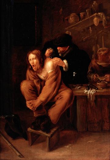 a surgeon applying medicine to a wound in the shoulder of a man in pain oil painting by gerrit lundens 1649wellcome