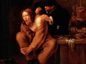 a surgeon applying medicine to a wound in the shoulder of a man in pain oil painting by gerrit lundens 1649wellcome